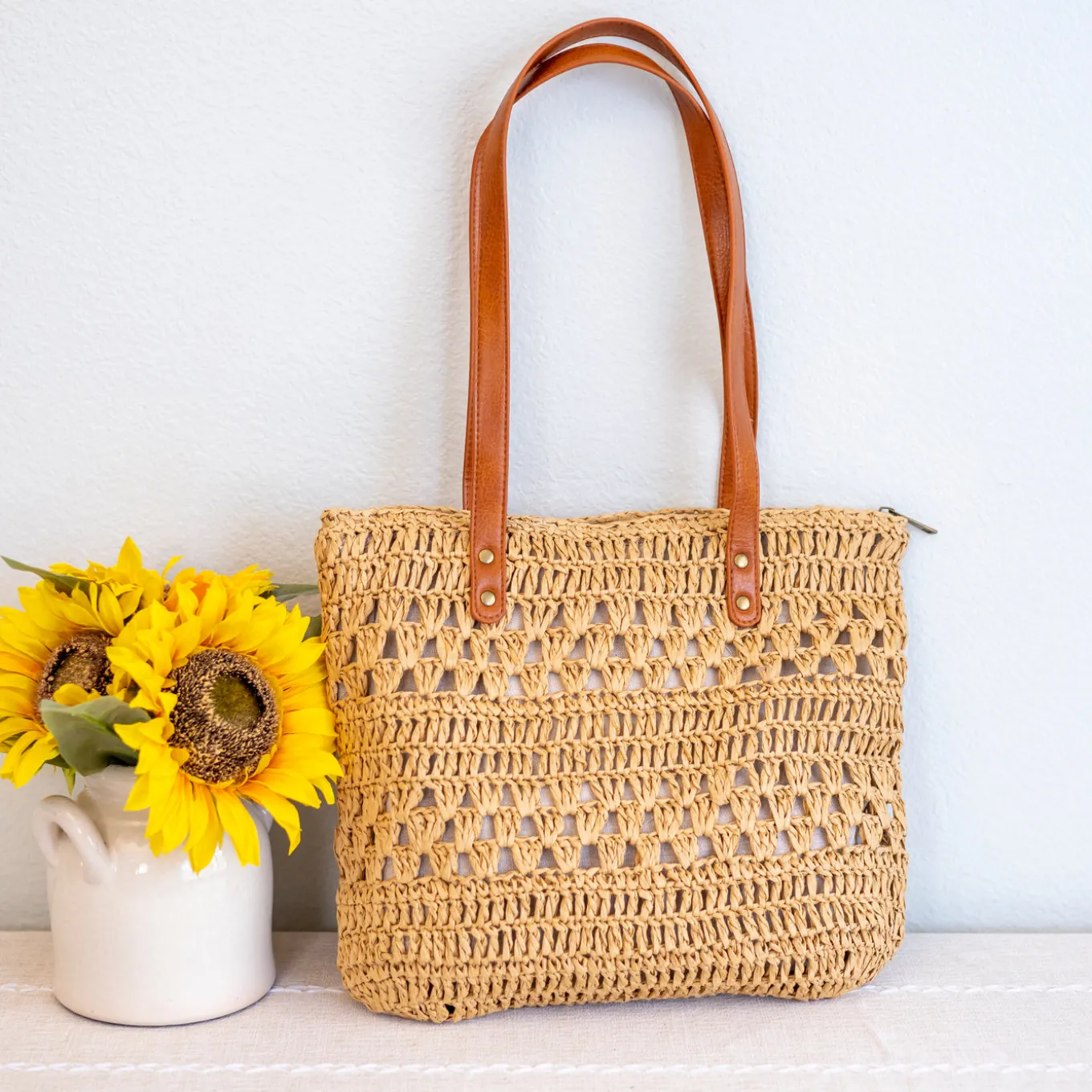 Elena Handbags Patterned Straw Woven Tote Bag