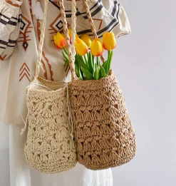Elena Handbags Patterned Straw Shoulder Bucket Bag