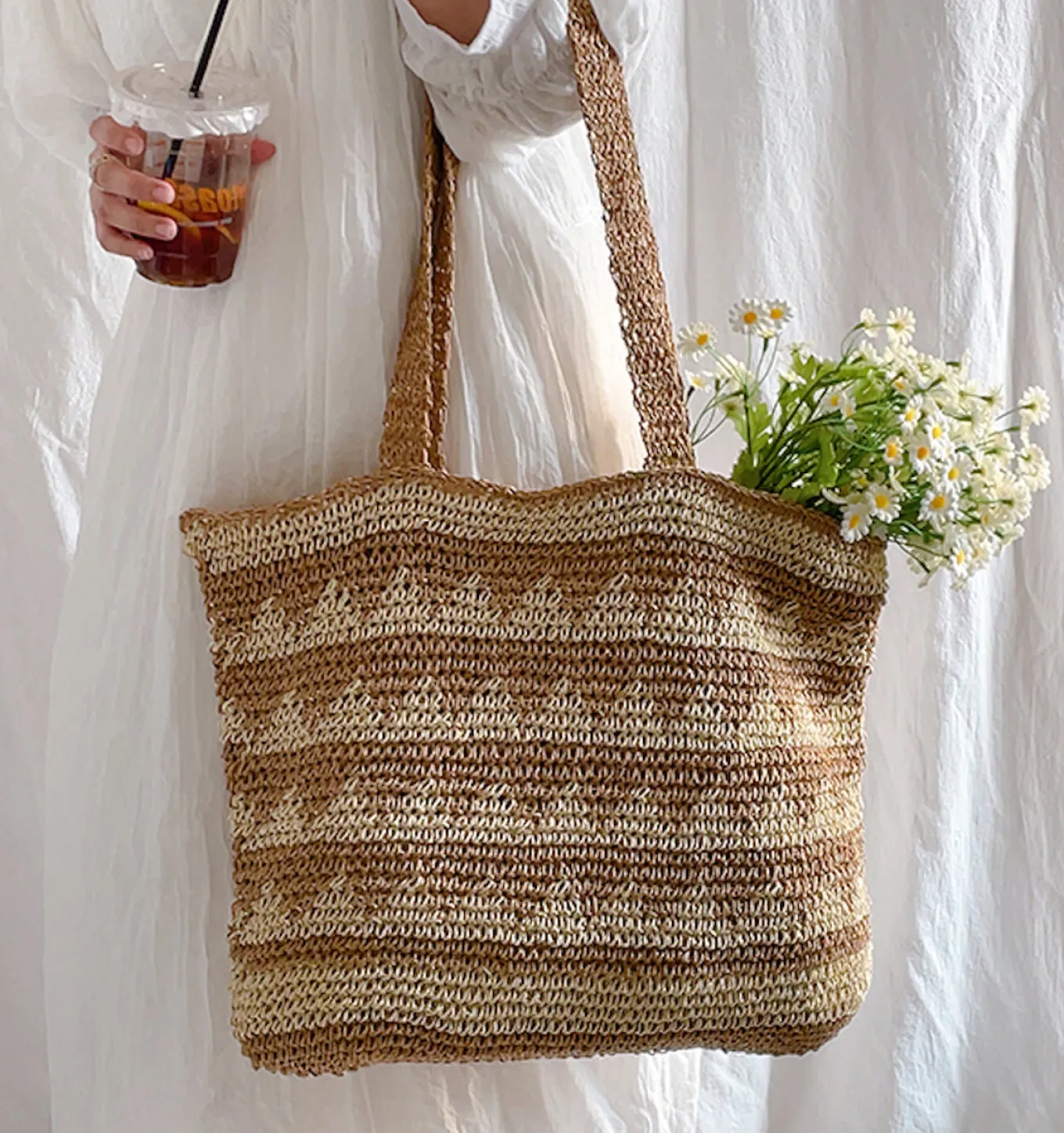 Elena Handbags Patterned Straw Woven Tote Shoulder Bag
