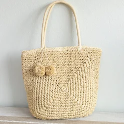 Elena Handbags Patterned Straw Woven Tote with Pom Pom