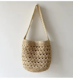 Elena Handbags Patterned Straw Shoulder Bucket Bag