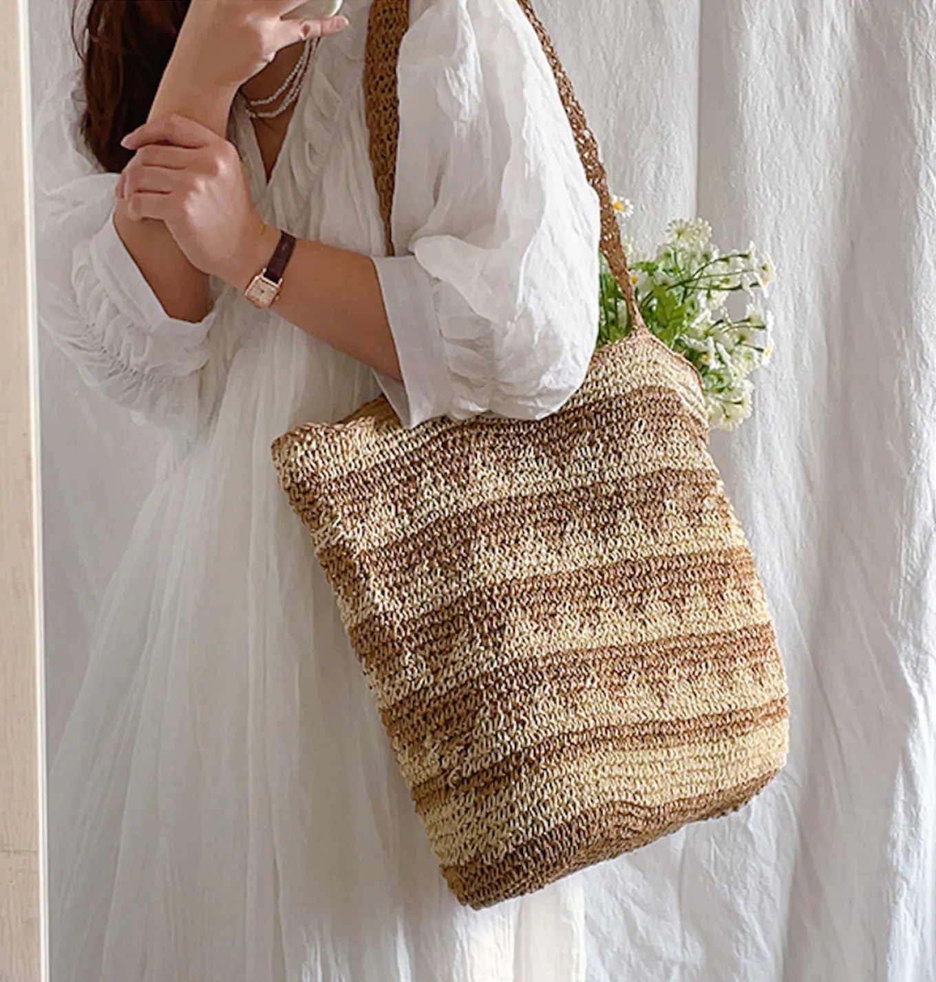 Elena Handbags Patterned Straw Woven Tote Shoulder Bag