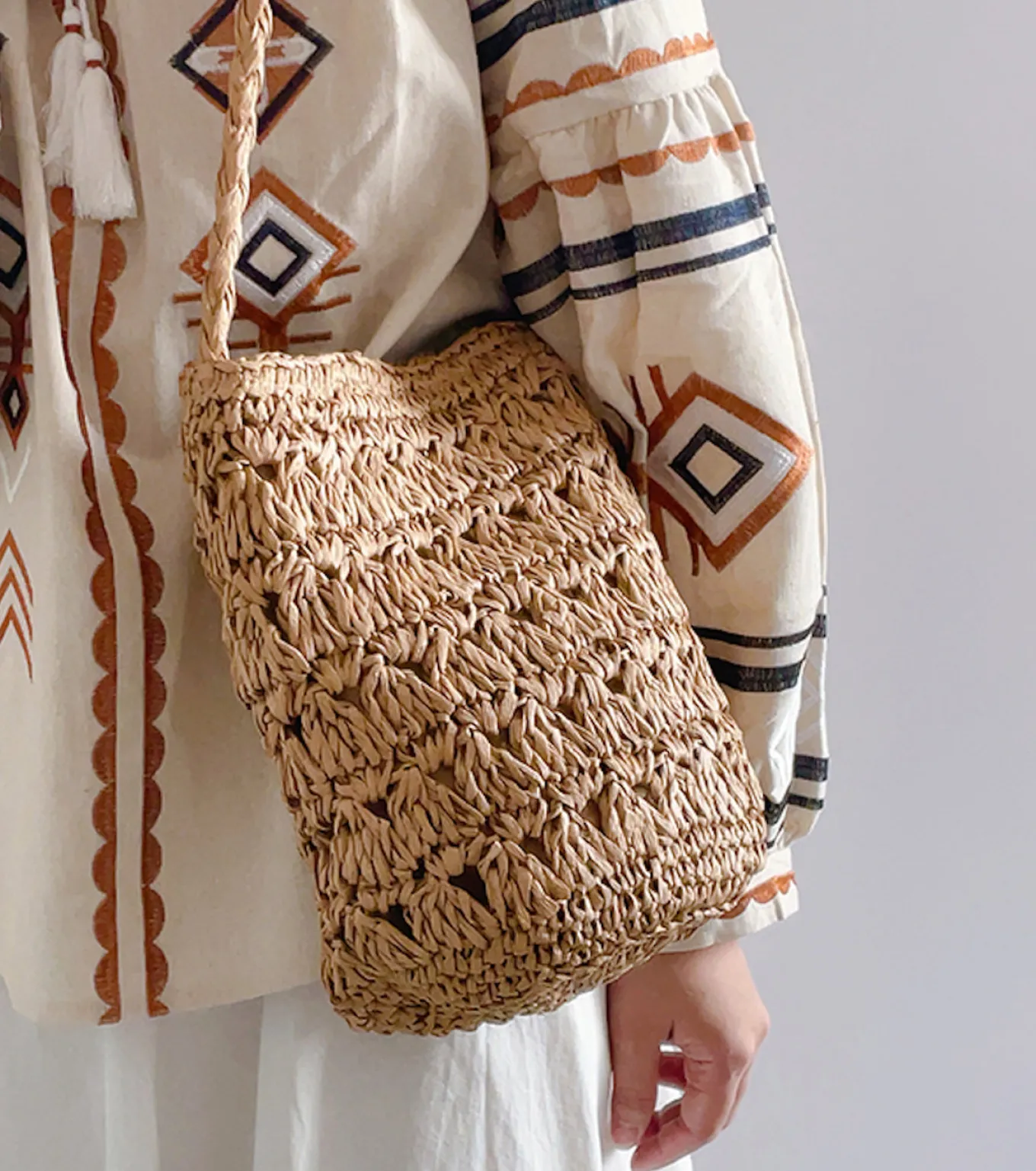 Elena Handbags Patterned Straw Shoulder Bucket Bag