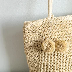 Elena Handbags Patterned Straw Woven Tote with Pom Pom