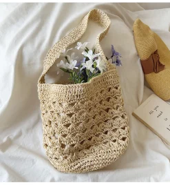 Elena Handbags Patterned Straw Shoulder Bucket Bag