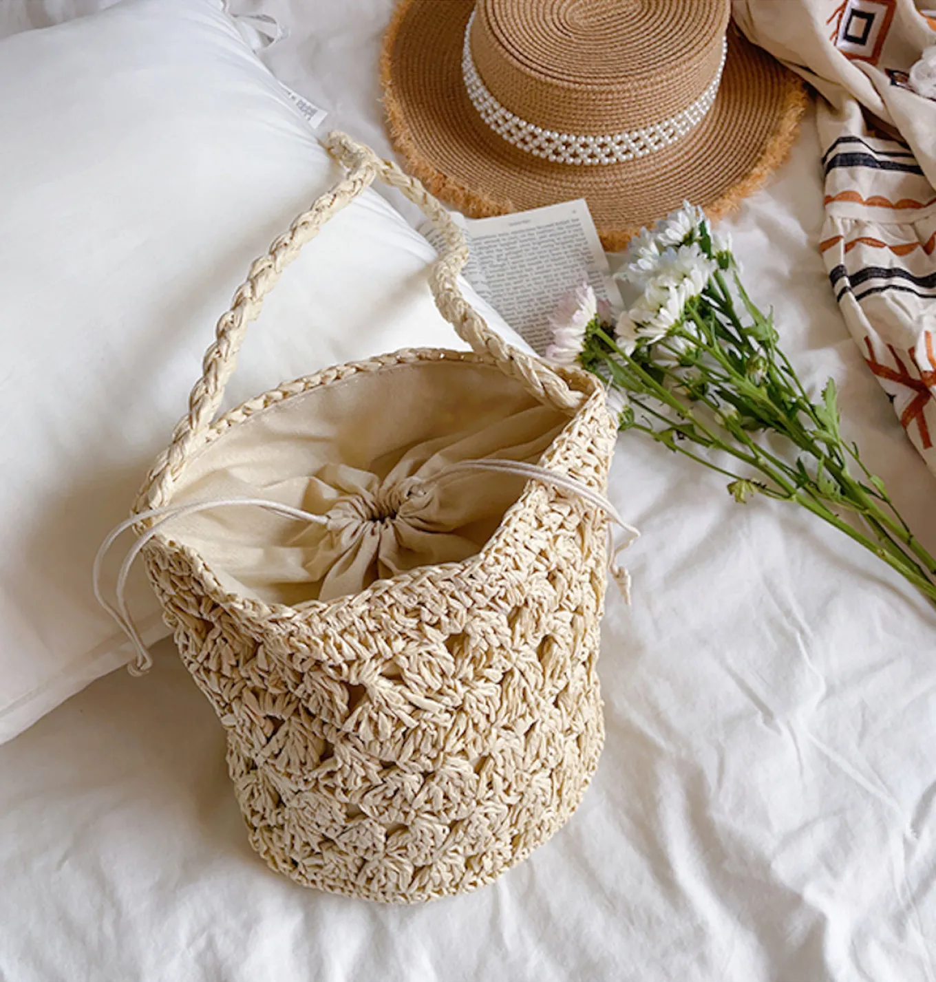 Elena Handbags Patterned Straw Shoulder Bucket Bag