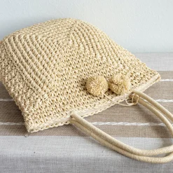 Elena Handbags Patterned Straw Woven Tote with Pom Pom