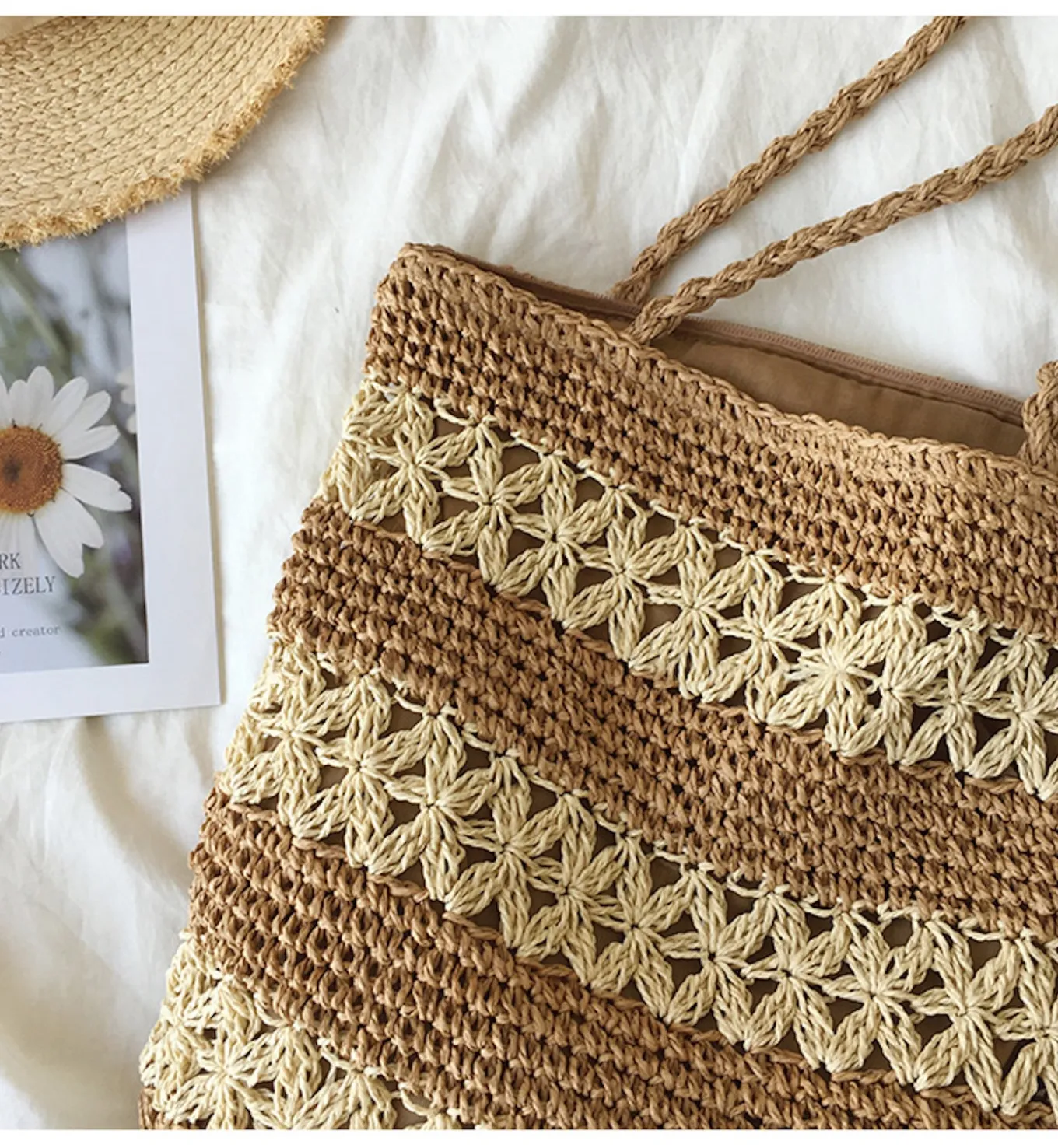 Elena Handbags Patterned Straw Woven Tote Bag
