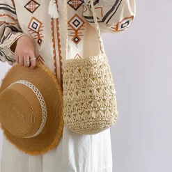 Elena Handbags Patterned Straw Shoulder Bucket Bag