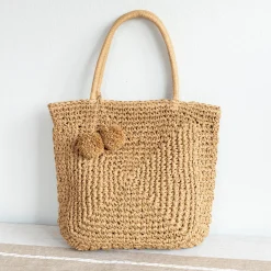 Elena Handbags Patterned Straw Woven Tote with Pom Pom