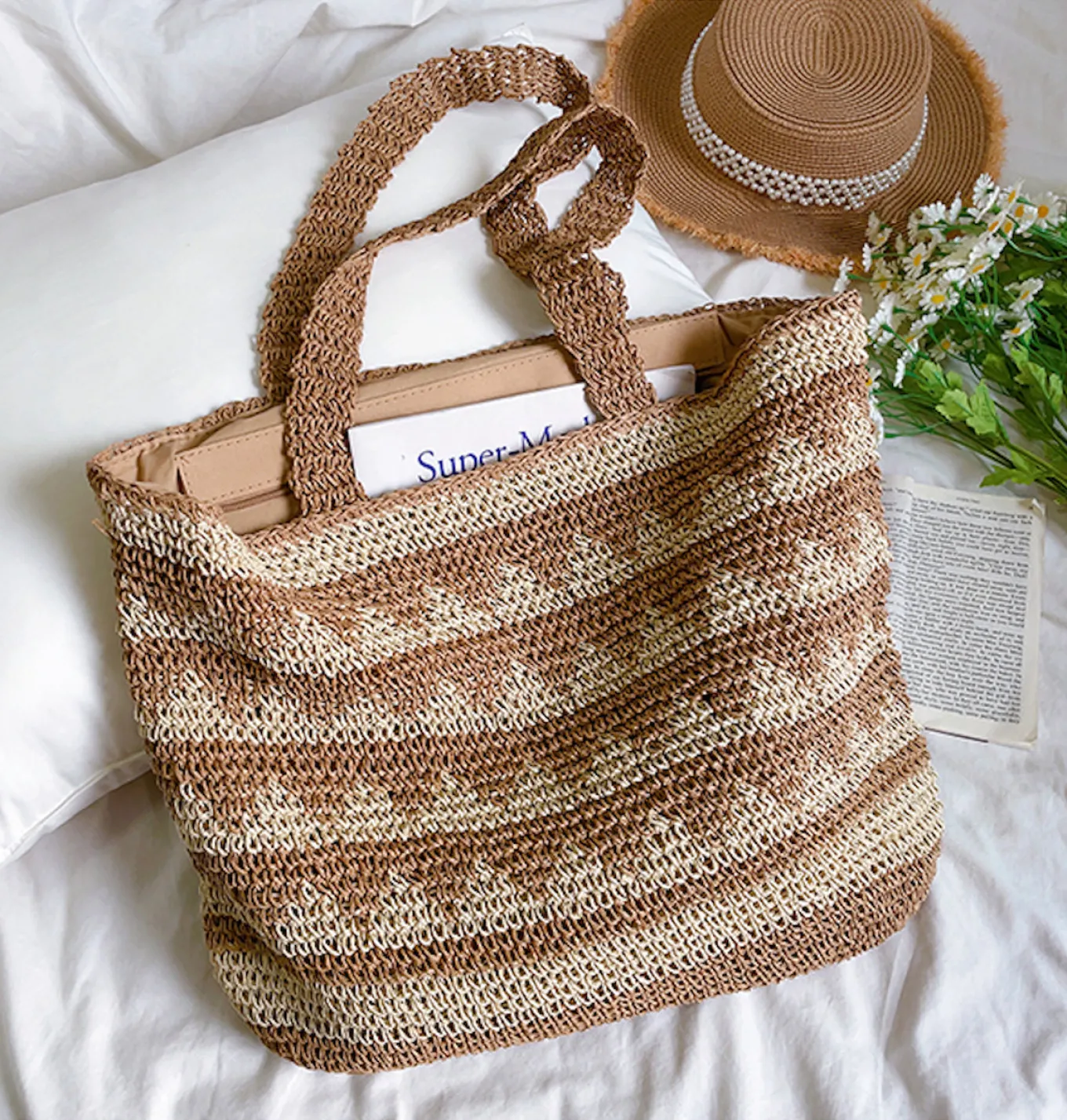 Elena Handbags Patterned Straw Woven Tote Shoulder Bag
