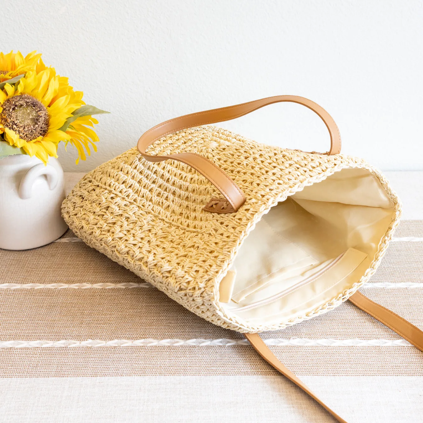 Elena Handbags Patterned Straw Woven Tote Bag