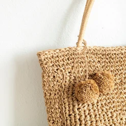 Elena Handbags Patterned Straw Woven Tote with Pom Pom