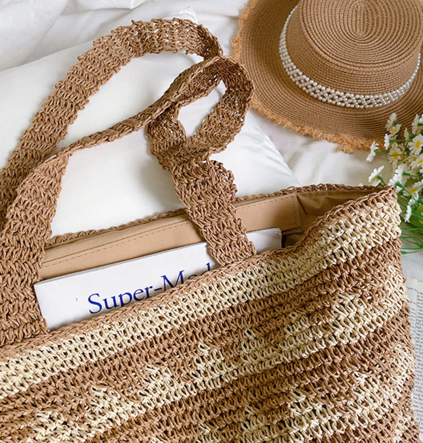 Elena Handbags Patterned Straw Woven Tote Shoulder Bag