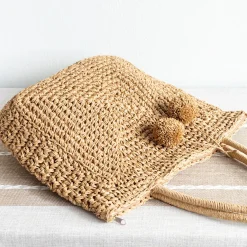 Elena Handbags Patterned Straw Woven Tote with Pom Pom