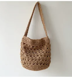 Elena Handbags Patterned Straw Shoulder Bucket Bag
