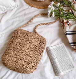 Elena Handbags Patterned Straw Shoulder Bucket Bag