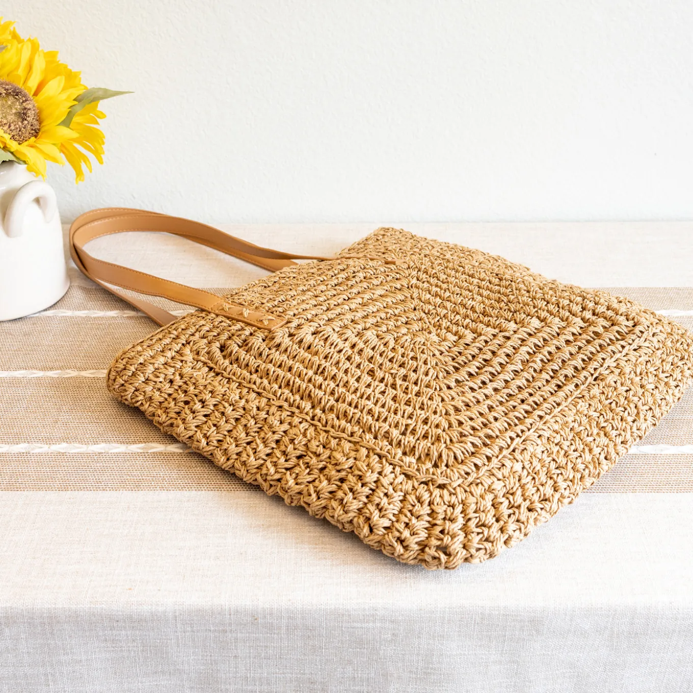 Elena Handbags Patterned Straw Woven Tote Bag