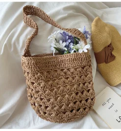 Elena Handbags Patterned Straw Shoulder Bucket Bag