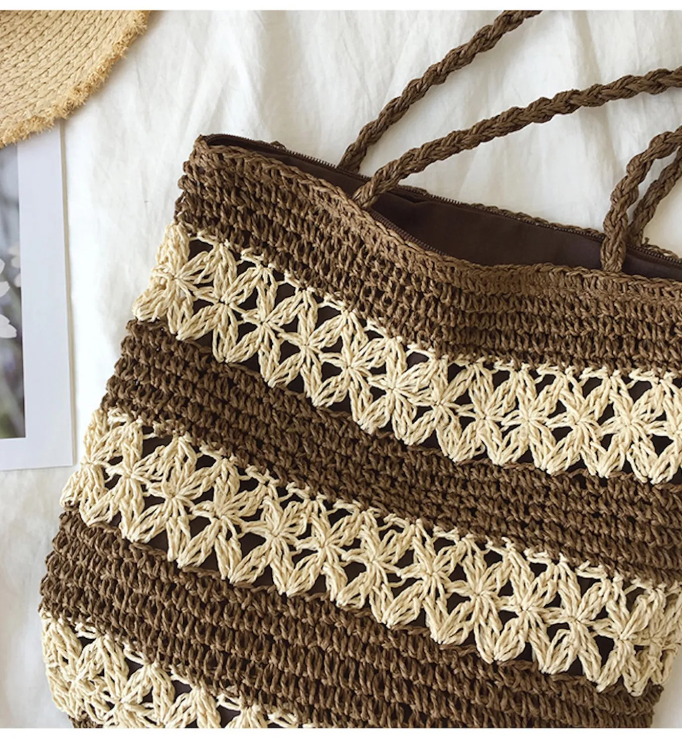Elena Handbags Patterned Straw Woven Tote Bag