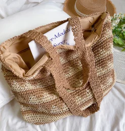 Elena Handbags Patterned Straw Woven Tote Shoulder Bag