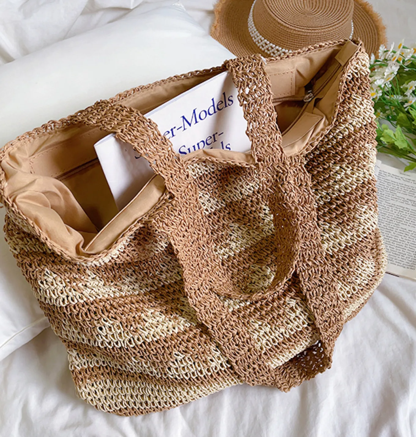 Elena Handbags Patterned Straw Woven Tote Shoulder Bag