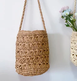 Elena Handbags Patterned Straw Shoulder Bucket Bag