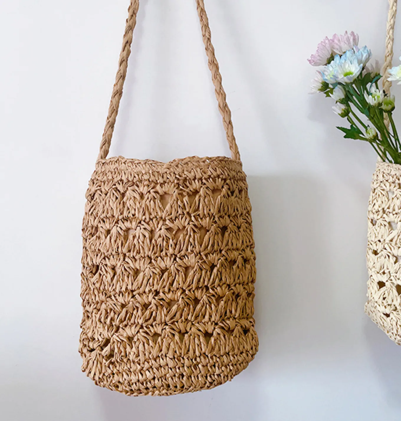 Elena Handbags Patterned Straw Shoulder Bucket Bag