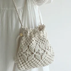 Elena Handbags Retro Cotton Macrame Shoulder Drawstring Bag