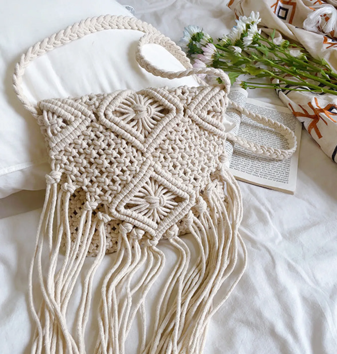 Elena Handbags Retro Cotton Macrame Crossbody Bag with Tassels