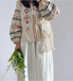 Elena Handbags Retro Cotton Macrame Crossbody Bag with Tassels