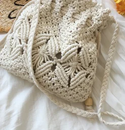 Elena Handbags Retro Cotton Macrame Shoulder Drawstring Bag