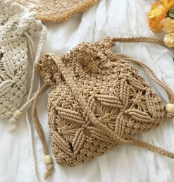 Elena Handbags Retro Cotton Macrame Shoulder Drawstring Bag
