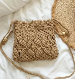 Elena Handbags Retro Cotton Macrame Shoulder Drawstring Bag