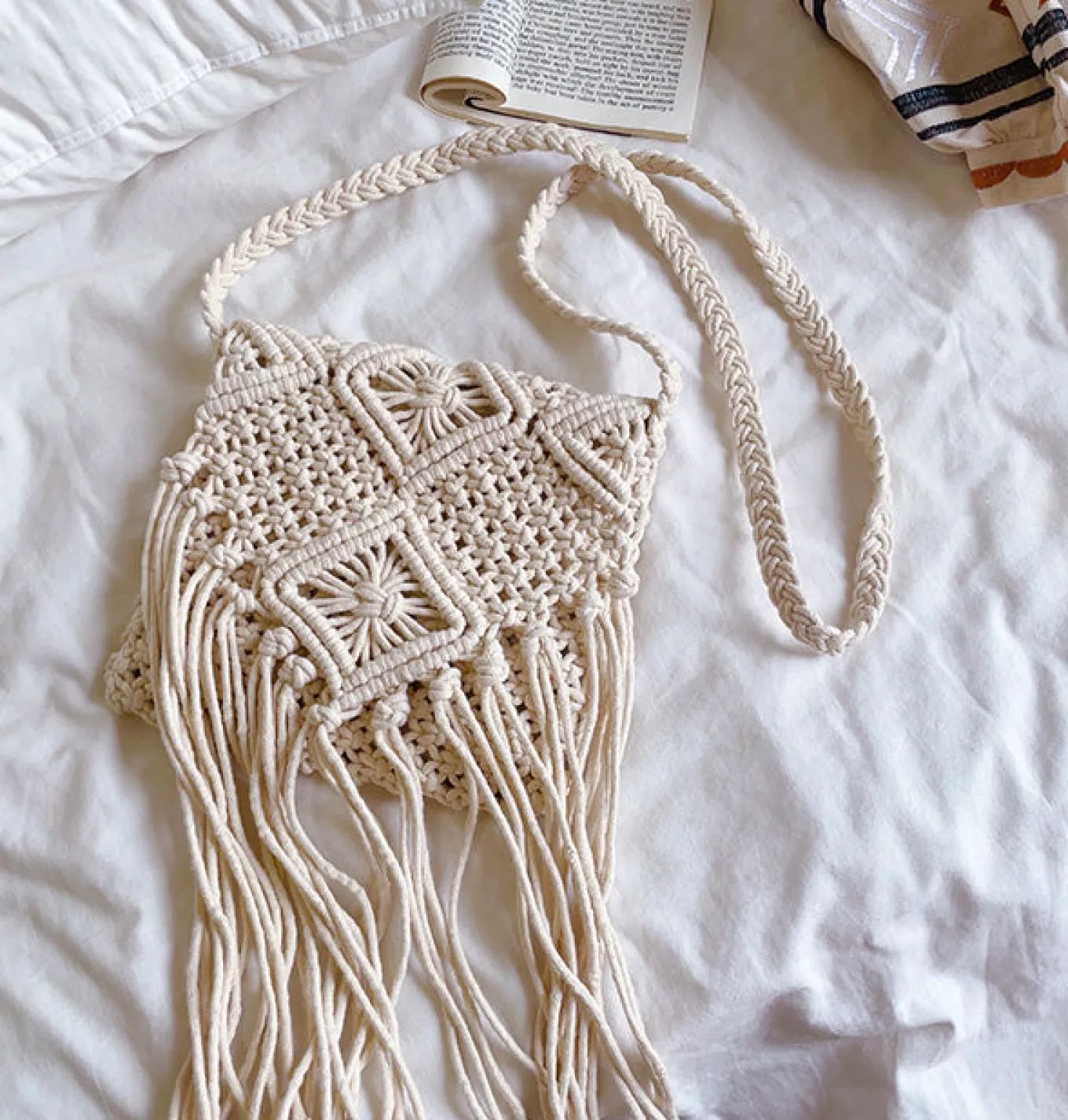 Elena Handbags Retro Cotton Macrame Crossbody Bag with Tassels