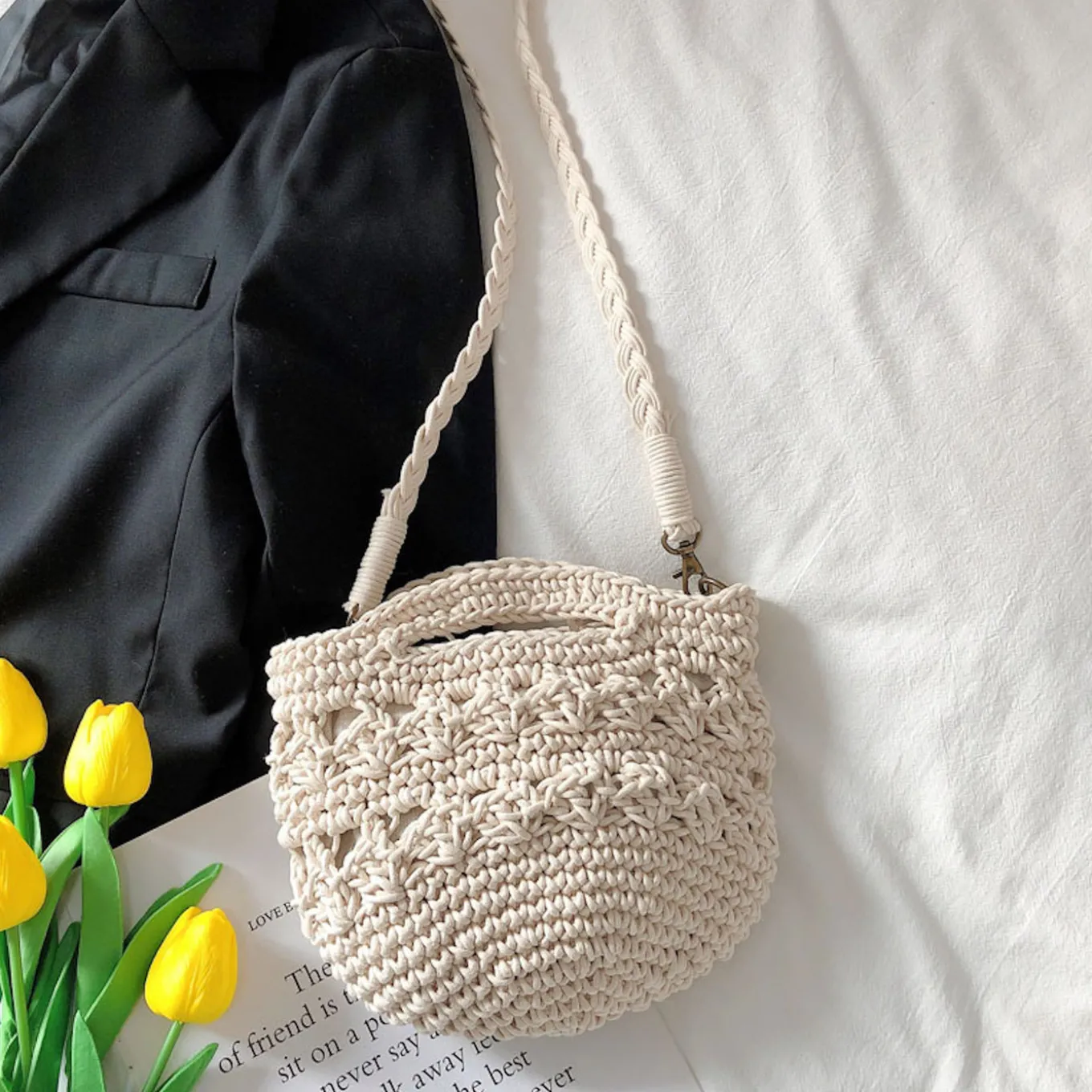 Elena Handbags Retro Crochet Crossbody Bucket Bag