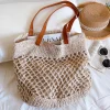 Elena Handbags Retro Fish Net Cotton Knitted Shoulder Bag with Leather Straps