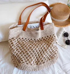 Elena Handbags Retro Fish Net Cotton Knitted Shoulder Bag with Leather Straps