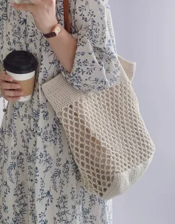 Elena Handbags Retro Fish Net Cotton Knitted Shoulder Bag with Leather Straps