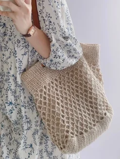 Elena Handbags Retro Fish Net Cotton Knitted Shoulder Bag with Leather Straps