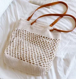 Elena Handbags Retro Fish Net Cotton Knitted Shoulder Bag with Leather Straps