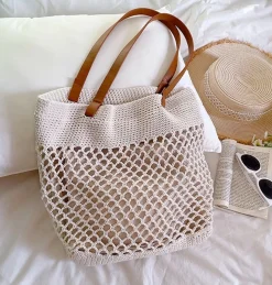 Elena Handbags Retro Fish Net Cotton Knitted Shoulder Bag with Leather Straps