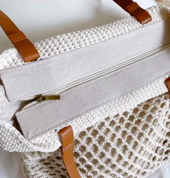 Elena Handbags Retro Fish Net Cotton Knitted Shoulder Bag with Leather Straps
