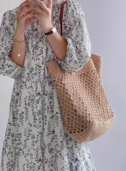Elena Handbags Retro Fish Net Cotton Knitted Shoulder Bag with Leather Straps