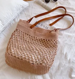 Elena Handbags Retro Fish Net Cotton Knitted Shoulder Bag with Leather Straps