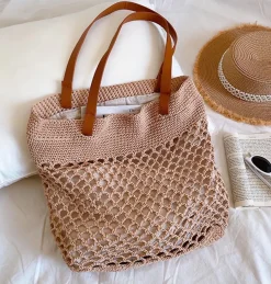 Elena Handbags Retro Fish Net Cotton Knitted Shoulder Bag with Leather Straps