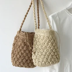 Elena Handbags Retro Straw Shoulder Bucket Bag