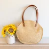 Elena Handbags Round Raffia Woven Shoulder Bag with Genuine Leather Straps