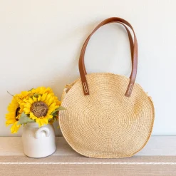 Elena Handbags Round Raffia Woven Shoulder Bag with Genuine Leather Straps