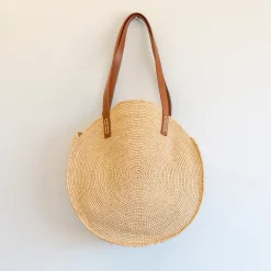 Elena Handbags Round Raffia Woven Shoulder Bag with Genuine Leather Straps